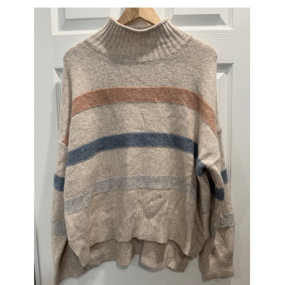 Fate Mock Neck Striped Sweater Beige Blue High Low Hem Size M Fall Earthy Cozy